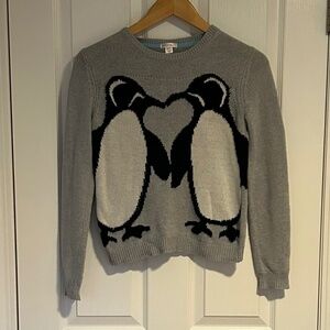 Adorable Gray Penguin Couple Heart Sweater Sz XS